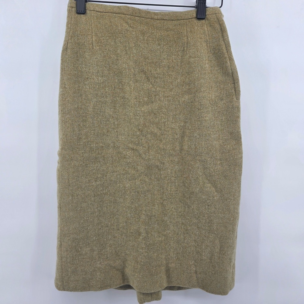 Garland Pencil Skirt Green Tan Knee Length Back Slit‎ Office Career wool Vintage